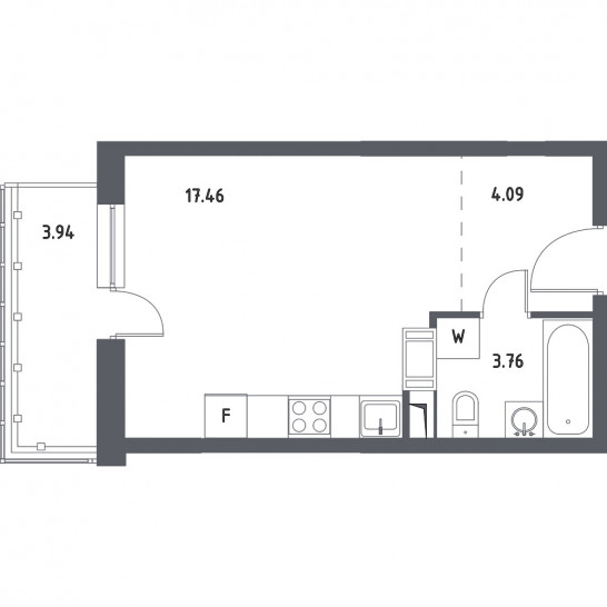 Однокомнатная квартира 26.49 м²