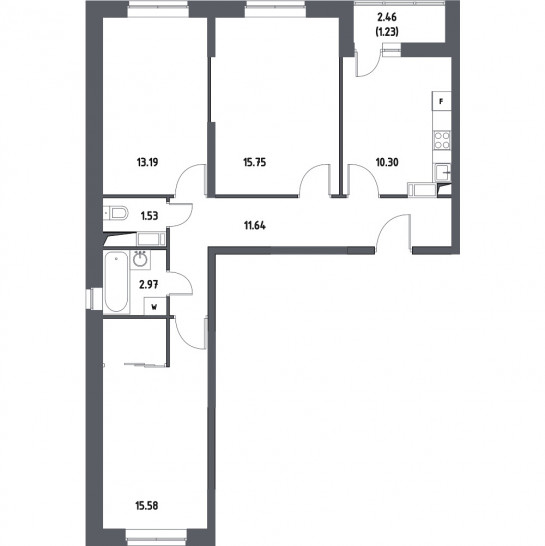 Трёхкомнатная квартира 72.19 м²