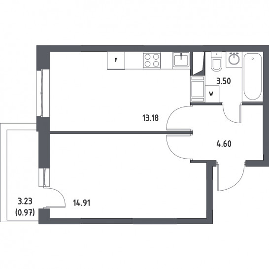 Однокомнатная квартира 37.16 м²