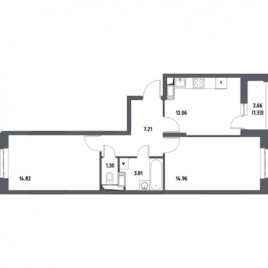 Двухкомнатная квартира 55.49 м²