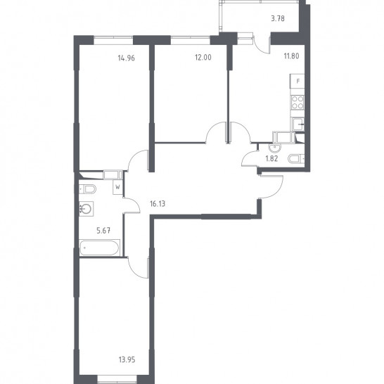 Трёхкомнатная квартира 78.22 м²