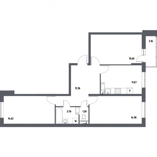 Трёхкомнатная квартира 75.79 м²
