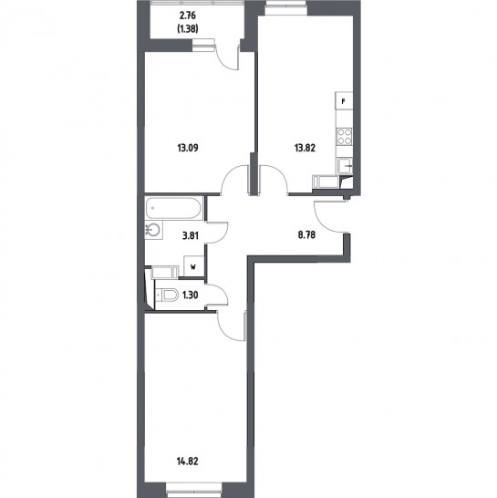 Двухкомнатная квартира 57 м²