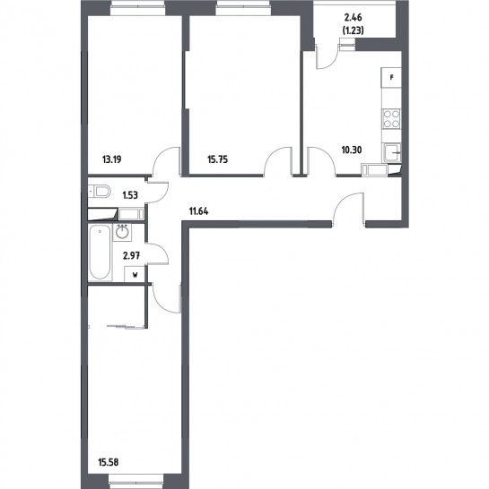 Трёхкомнатная квартира 72.19 м²