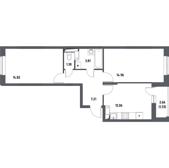 Двухкомнатная квартира 55.49 м²