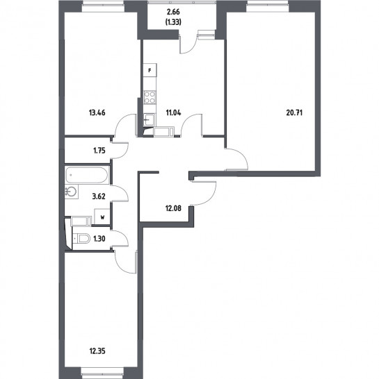 Трёхкомнатная квартира 77.64 м²