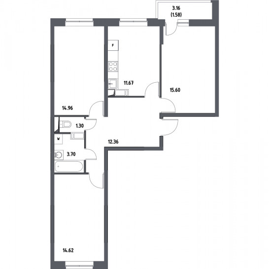 Трёхкомнатная квартира 75.79 м²
