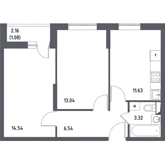 Двухкомнатная квартира 50.15 м²