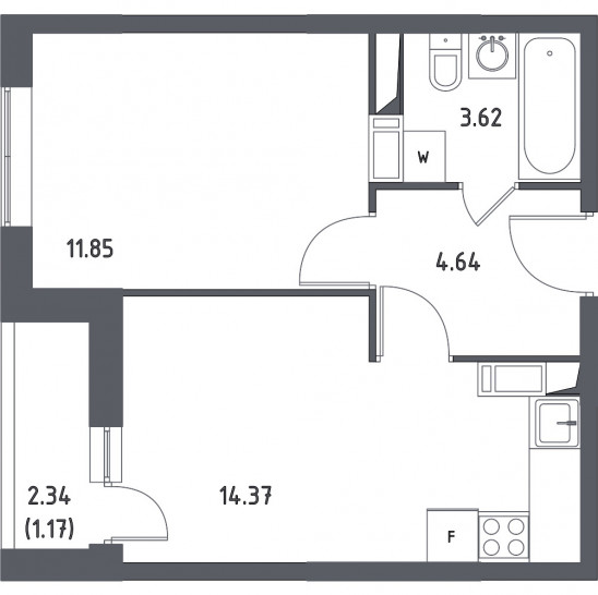 Однокомнатная квартира 35.65 м²